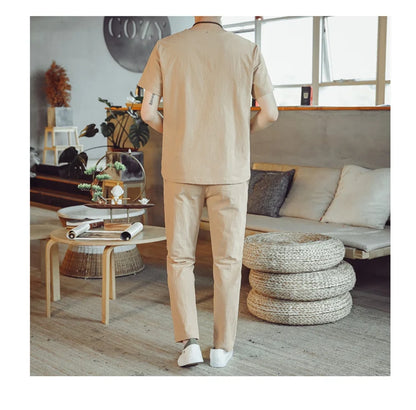(Chemise + pantalon) 2024 été nouveau style mode hommes chemise à manches courtes chemises hommes ensembles chemises en coton mâle deux pièces M-5XL
