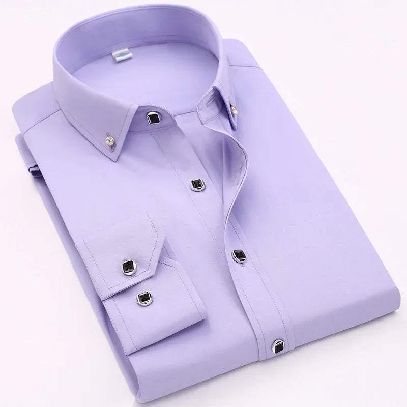 Chemise habillée de luxe pour hommes, bouton en diamant, couleur unie, décontractée, coupe Standard, confortable, douce, manches longues, vêtements pour hommes