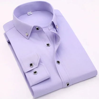 Chemise habillée de luxe pour hommes, bouton en diamant, couleur unie, décontractée, coupe Standard, confortable, douce, manches longues, vêtements pour hommes