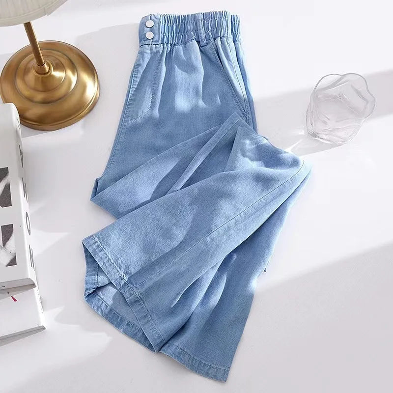 Jean élastique taille haute et jambes larges. Nouveau jean Tencel fin décontracté à lacets en soie glacée à la mode pour les femmes au printemps et en été
