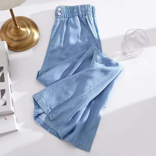 Jean élastique taille haute et jambes larges. Nouveau jean Tencel fin décontracté à lacets en soie glacée à la mode pour les femmes au printemps et en été