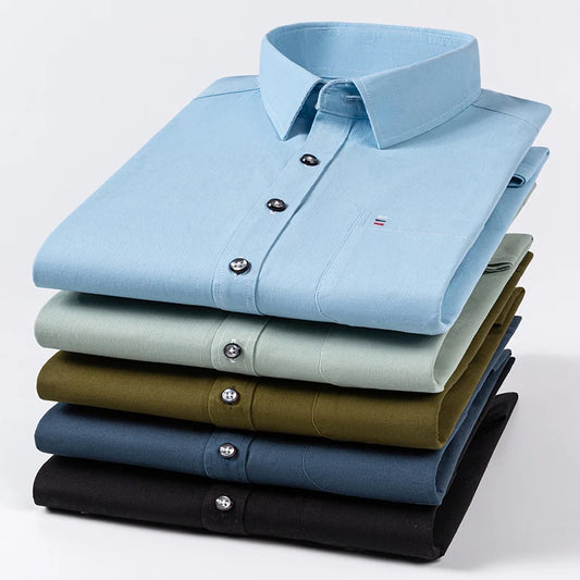 Nouveau 100% pur coton hommes chemises manches longues couleur unie doux coupe régulière chemise décontractée poche Social Blouse hommes vêtements S-7XL