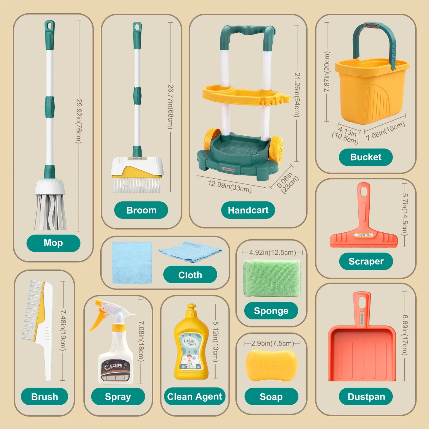 12 pièces/ensemble ensemble de nettoyage pour enfants jouets de nettoyage de vie simulée avec chariot à main semblant jouer hygiène nettoyage maison de jeu jouet garçons et filles