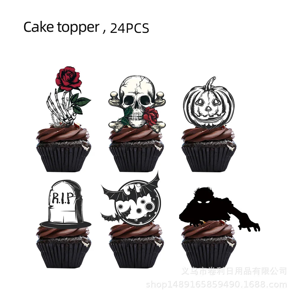 Assiettes de fête gothiques en forme de crâne pour Halloween, tasses, serviettes, corbeau de Rose, décors de fête pour Halloween, squelette, jour des morts, anniversaire