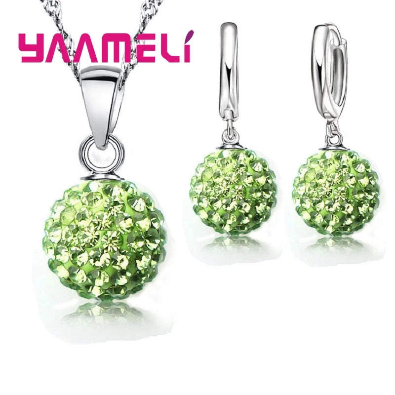 Ensembles de bijoux en argent regardé 925 pour femmes et filles, cadeaux de mariage, cristal autrichien pavé, collier boule CZ Chang, boucles d'oreilles créoles, patients