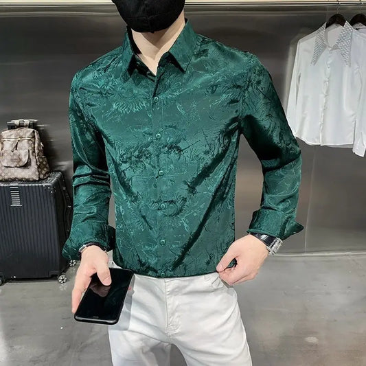 Chemises fines droites à col rabattu pour hommes, beau, monochromatique, bouton d'impression décontracté, affaires, vêtements pour hommes, mode printemps, été, 2023