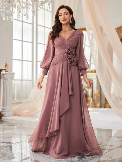 UNITHORSE – robe brodée de perles, manches longues, plissée sur le devant, petit col en v, fente latérale, manches lanternes, robe formelle pour femmes