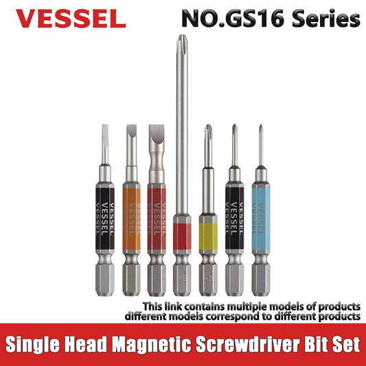 VESSEL-Jeu d'embouts de tournevis pour Phillips et vis à fente, embout magnétique à tête unique, accessoires pour outils à main, série NO.GS16