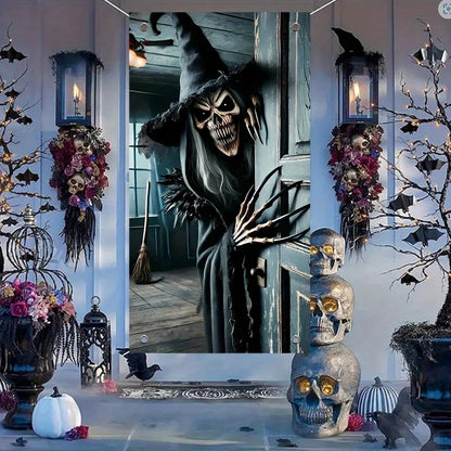 Décoration de porte d'Halloween, monstre squelette terrifiant ouvre la porte, adapté à la maison, à la cuisine, au porche, aux fêtes dans le jardin