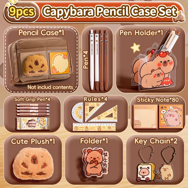 Ensemble de trousse à crayons Capybara avec fournitures, Kit de papeterie 6/9/14/16 pièces, comprend un support, une stylo, un porte-clés, des autocollants, une broche, des Clips pour Hobbis