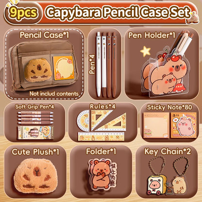 Ensemble de trousse à crayons Capybara avec fournitures, Kit de papeterie 6/9/14/16 pièces, comprend un support, une stylo, un porte-clés, des autocollants, une broche, des Clips pour Hobbis