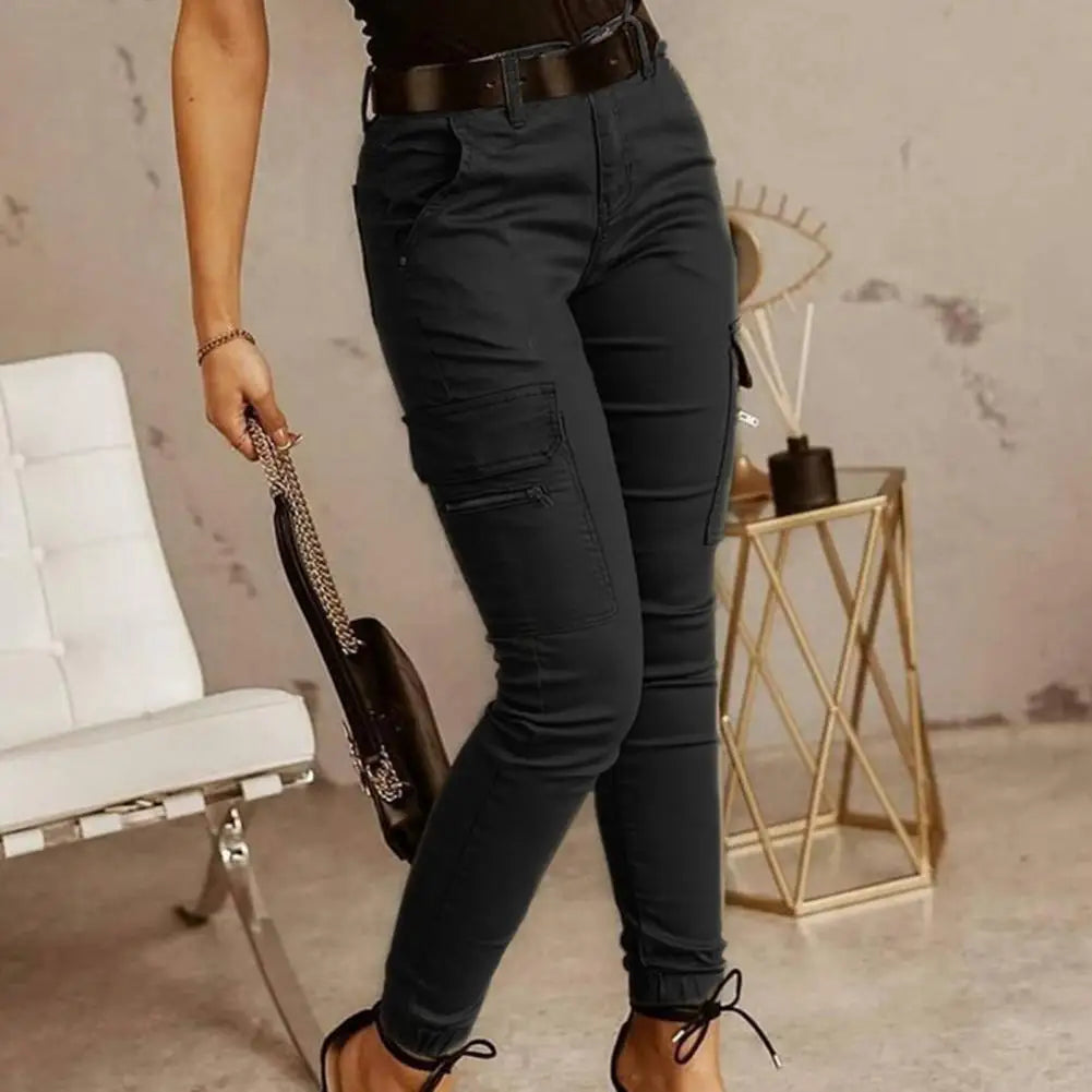 Pantalon crayon coupe slim pour femme, pantalon de survêtement monochrome, fermeture éclair, poches, bouton, bureau, femme, automne, hiver, salopette FJM