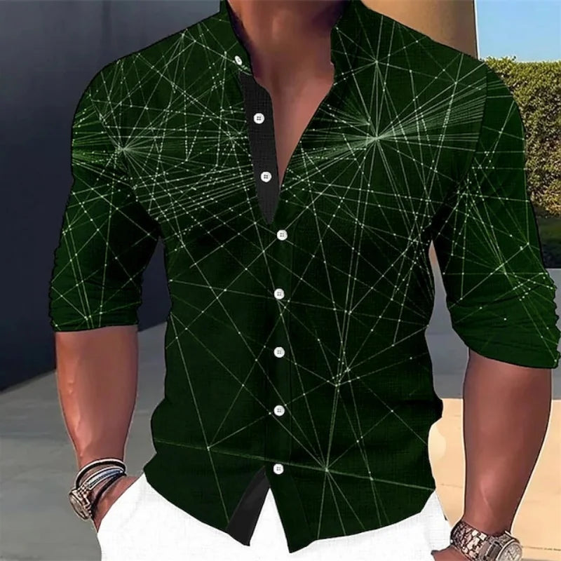 Chemise à boutons à motif géométrique pour hommes, manches longues, mode rue, extérieur, décontracté, quotidien, été, printemps et automne, col montant imprimé