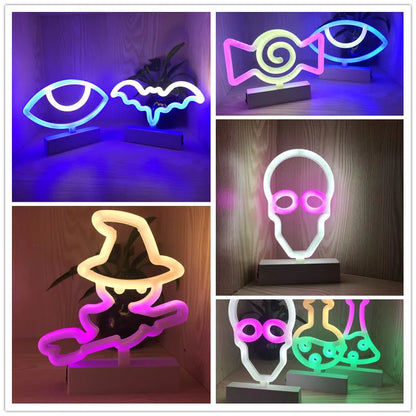 Décoration d'halloween néons chapeau de sorcière bonbons fantôme lampe de fête pour chambre Bar café décor éclairage crâne bébé veilleuse