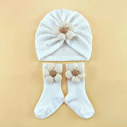 1 ensemble d'accessoires de casquette pour nouveau-né, bonnets doux, couvre-chef, chaussettes, ensemble de 2 pièces pour filles, chaussettes longues en dentelle à fleurs + chapeau