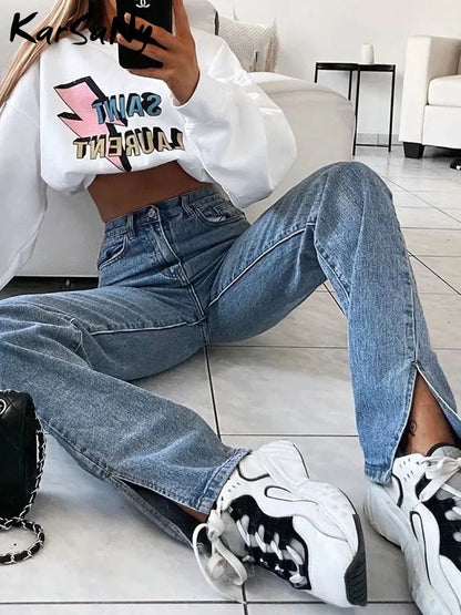 Jean droit Slim fendu pour femme, pantalon en Denim, taille haute, Vintage, Long, fente à la cheville, noir, 2023