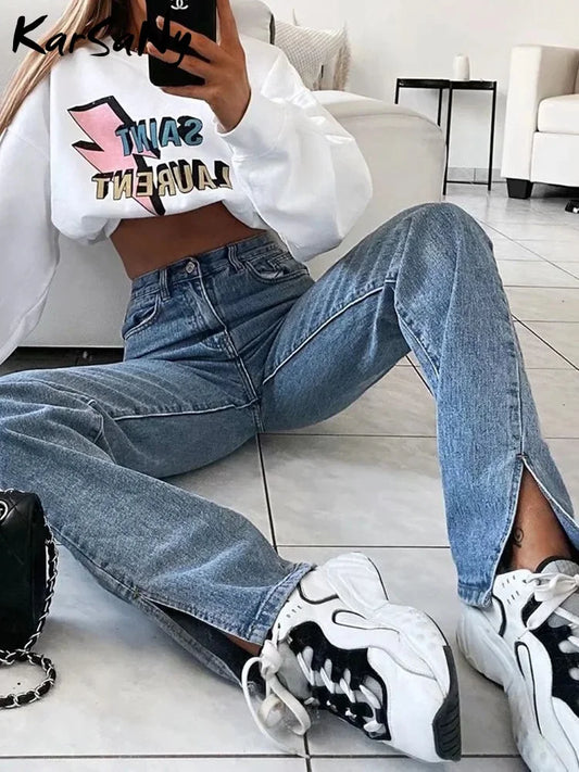Jean droit Slim fendu pour femme, pantalon en Denim, taille haute, Vintage, Long, fente à la cheville, noir, 2023