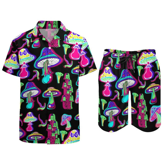 Ensemble champignon magique psychédélique pour hommes, chemise décontractée imprimée en 3D, short de plage surdimensionné, ensemble 2 pièces, costumes hawaïens pour vacances
