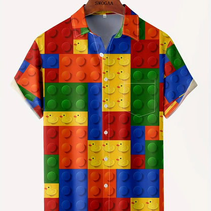 Chemise à revers à manches courtes pour hommes, blocs de construction 3D, impression graphique, chemise chic décontractée, grande chemise unisexe, vêtements streetwear
