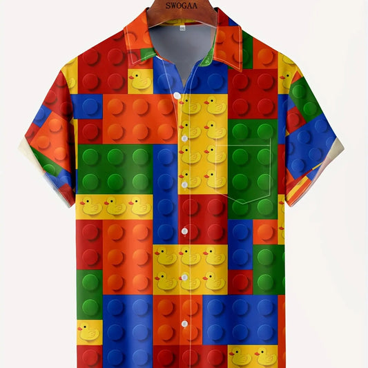 Chemise à revers à manches courtes pour hommes, blocs de construction 3D, impression graphique, chemise chic décontractée, grande chemise unisexe, vêtements streetwear
