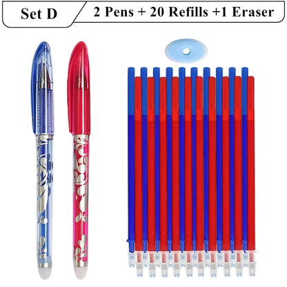 2 stylos Gel effaçables + 20 recharges + 1 gomme, encre magique de 0.5mm en noir bleu rouge vert,