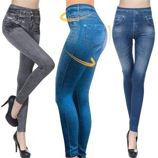 Pantalon élastique pour femmes, nouvelle mode d'été, Slim, Imitation Denim imprimé, bas de neuf minutes, 2025