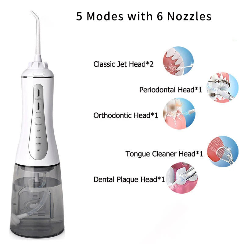 Irrigateur buccal portable, hydropulseur, aste, jet d'eau dentaire pour les dents, précieux, étanche, nettoyeur de dents, 6 embouts, 5 modes, 350ml