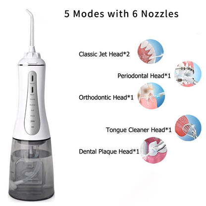 Irrigateur buccal portable, hydropulseur, aste, jet d'eau dentaire pour les dents, précieux, étanche, nettoyeur de dents, 6 embouts, 5 modes, 350ml