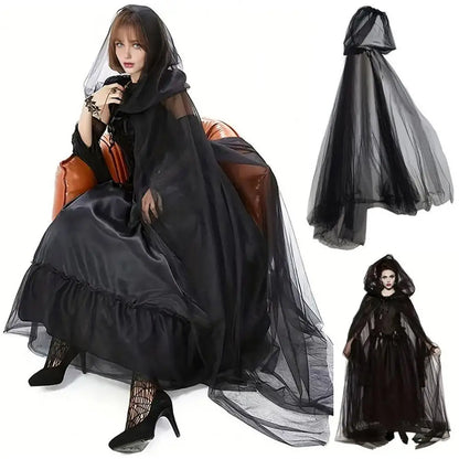 Cape de Costume de Cosplay fantôme d'halloween pour adulte, Cape de sorcière à lacets à capuche, Cape transparente pleine longueur avec capuche surdimensionnée