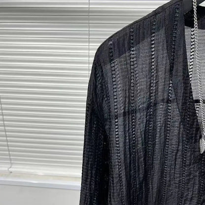 Chemise en maille transparente à col en V pour hommes, chemise à manches longues, chemise boutonnée en dentelle pure, chemises streetwear sexy, printemps, Y-2024