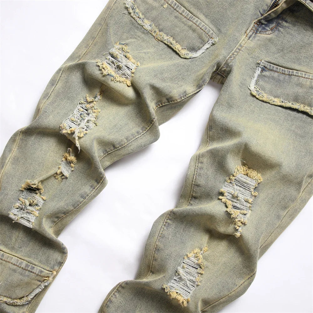 Style rétro trous hommes maigre Biker jean pantalon mode rue Hiphop mâle mince Stretch Jogging Denim pantalon