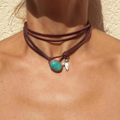 Collier de style bohème pour femme, ULen cuir, pendentif turquoise,