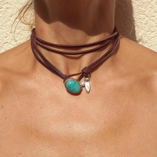 Collier de style bohème pour femme, ULen cuir, pendentif turquoise,
