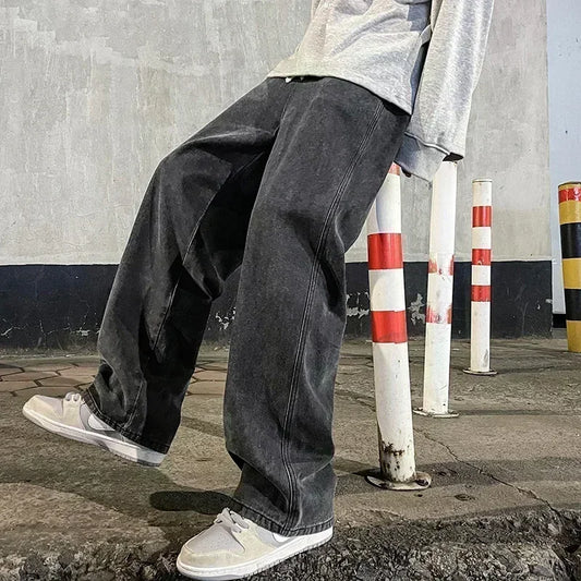 Jean drapé de couleur unie pour hommes, ample, droit, coréen, Vintage, Hip-hop, Y2K, décontracté, quotidien, pantalon à jambes larges