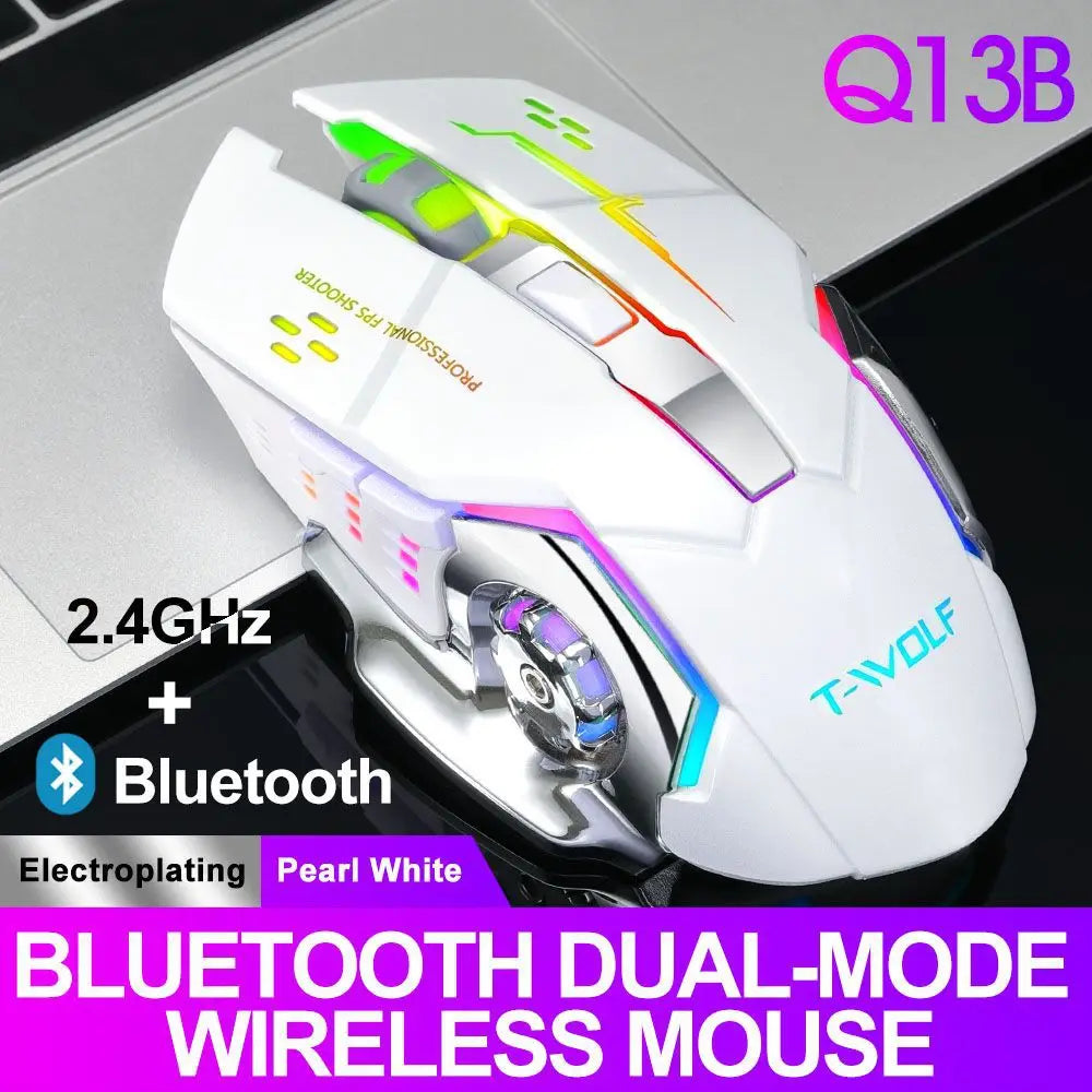 Souris de jeu sans fil 6 touches Rétroéclairage RVB Souris de jeu Bluetooth 2.4G Connexion USB Double mode Batterie rechargeable 3 niveaux DPI T-WOLF Q13 Clic silencieux Conception ergonomique