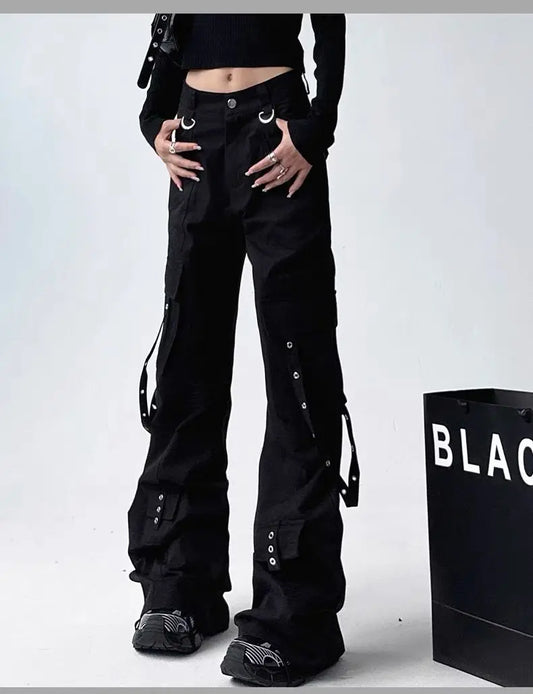 Pantalon évasé cargo gothique noir pour femme, vintage, Harajuku, années 90, rétro, taille haute, jambe large, fjStreetwear, années 2000, Y2k