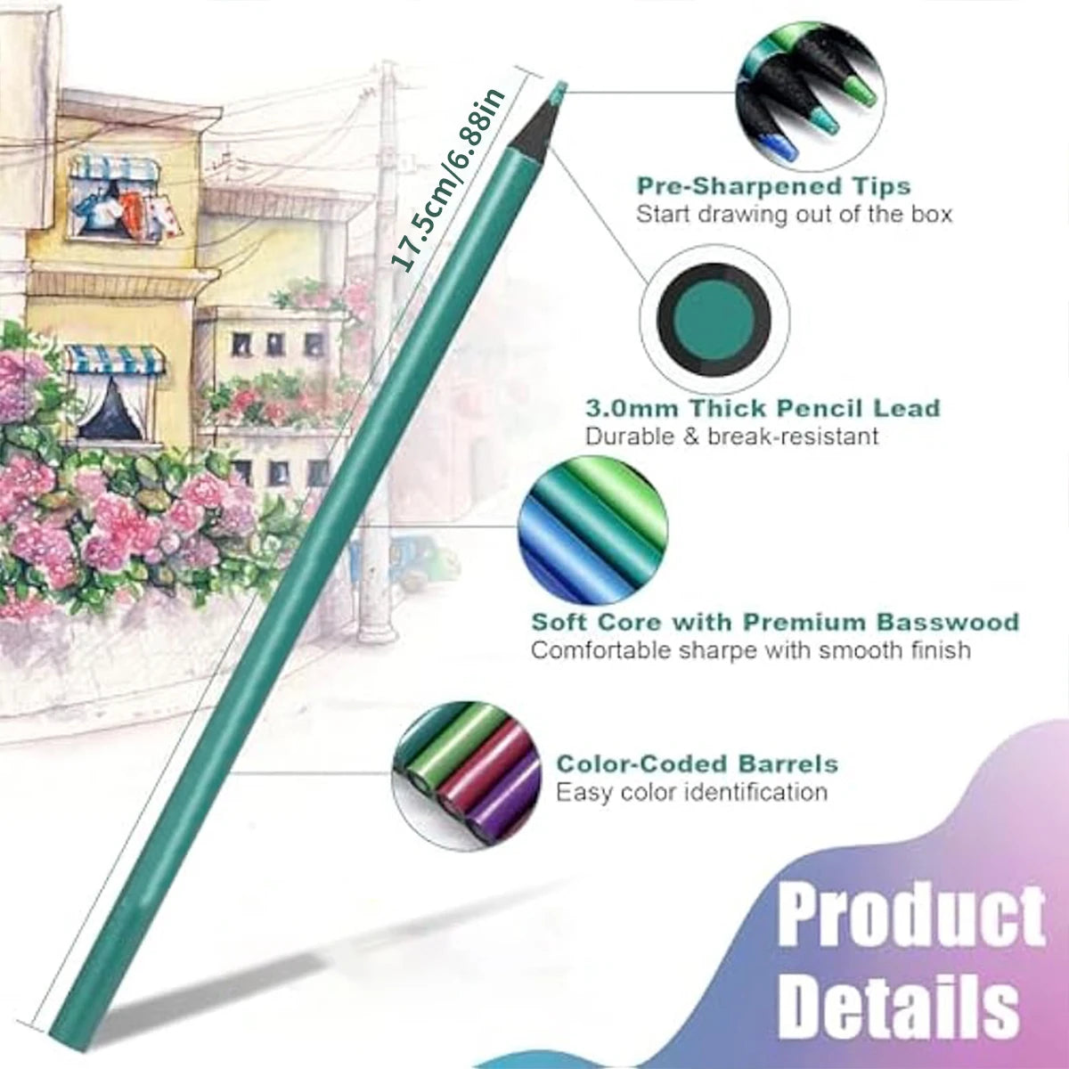 Crayons de couleur 2B métalliques pour dessin, croquis, peinture 12 pièces