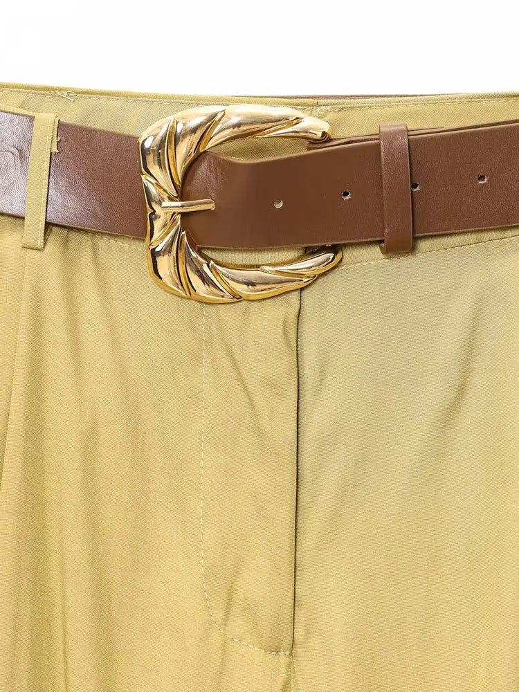 TRZA taille haute pantalon à jambes larges pour femmes mode ceinture avant fléchettes poches latérales pantalon femme