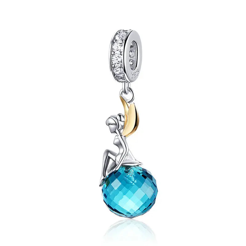 BISAER 925 argent Sterling rose bleu verre pendentif nœud perles plaqué platine pour collier et Bracelet