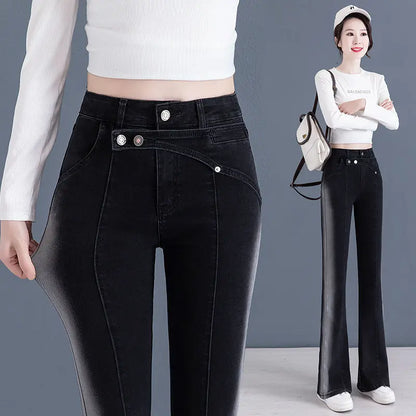 Jean évasé bleu nickel é vintage pour femme, pantalon taille haute, poche complète, polyvalent, simple, décontracté, printemps, automne