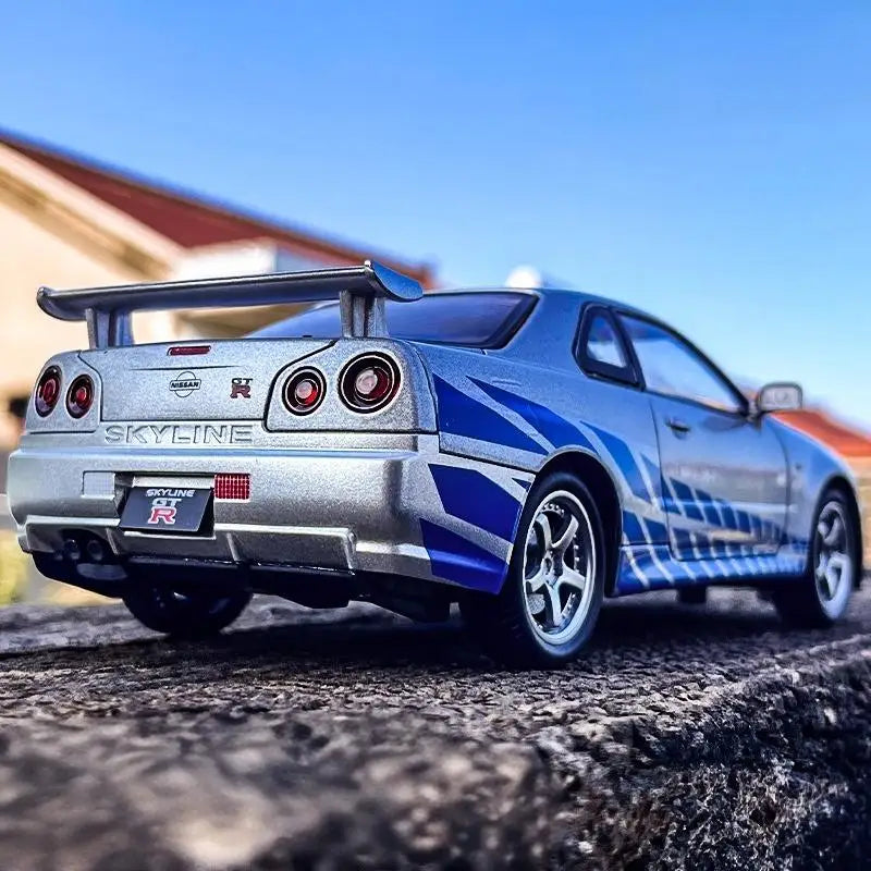 1:24 GTR R34 Skylin Diecast Modèle En Métal De Voiture Son Et Lumière Tirer Supercar Sport Racing Collection Loisirs Vacances Cadeau Garçon