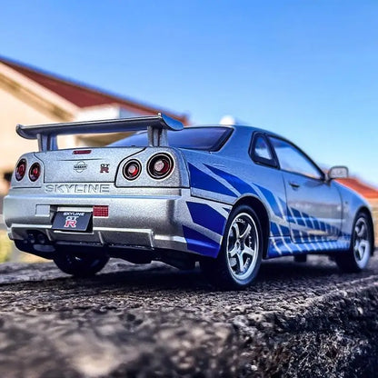1:24 GTR R34 Skylin Diecast Modèle En Métal De Voiture Son Et Lumière Tirer Supercar Sport Racing Collection Loisirs Vacances Cadeau Garçon