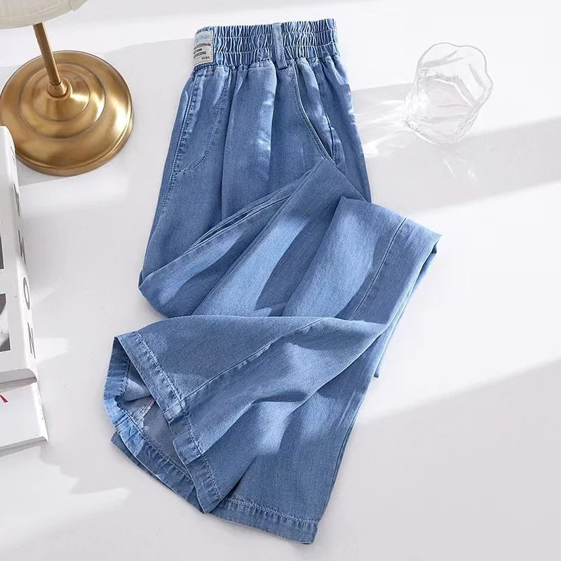 Jean élastique taille haute et jambes larges. Nouveau jean Tencel fin décontracté à lacets en soie glacée à la mode pour les femmes au printemps et en été