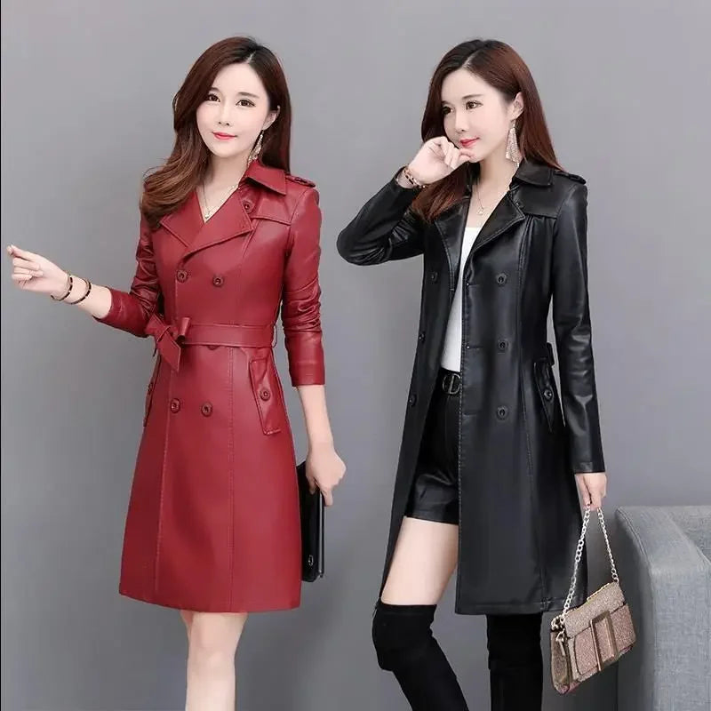Veste en cuir d'agneau composé pour femme, manteau en fausse fourrure, trench long, lavage gratuit, vêtements en PU, Streetwear, Top, 138