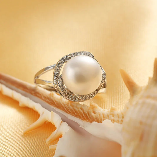 Bague en argent sterling 925 pour femme, grande perle naturelle, anneau en pierre réglable, perle blanche/rose/violette,
