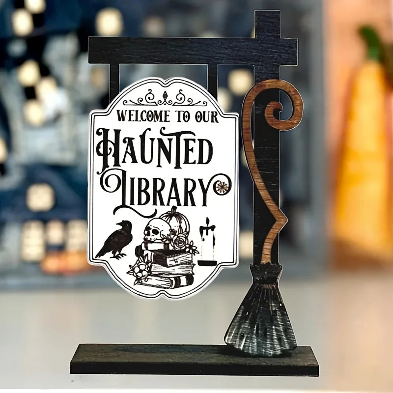 Décoration de bibliothèque fantôme d'Halloween – suspension en bois de style gothique, conception de crâne, corbeau et de chapeau de sorcière 3D