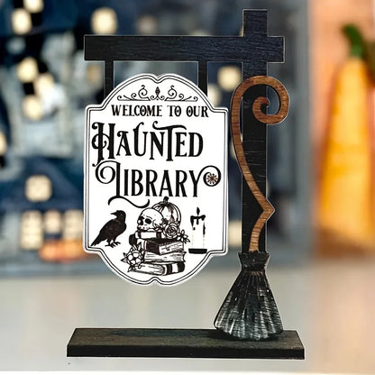 Décoration de bibliothèque fantôme d'Halloween – suspension en bois de style gothique, conception de crâne, corbeau et de chapeau de sorcière 3D