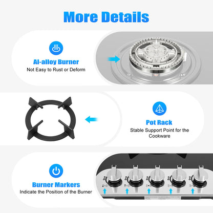 Table de cuisson à gaz avec seau intégré, 5 brûleurs, panneau en verre du Guatemala, facile à nettoyer, démarrage rapide, cuisine, 35.4x20.1x2.4 pouces