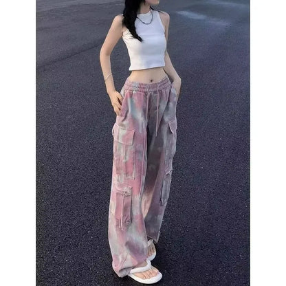 Pantalon cargo camouflage rose pour femme, jambe large, surintendant en denim Y2K, FjStreetwear, Hip Hop, femme, style safari décontracté