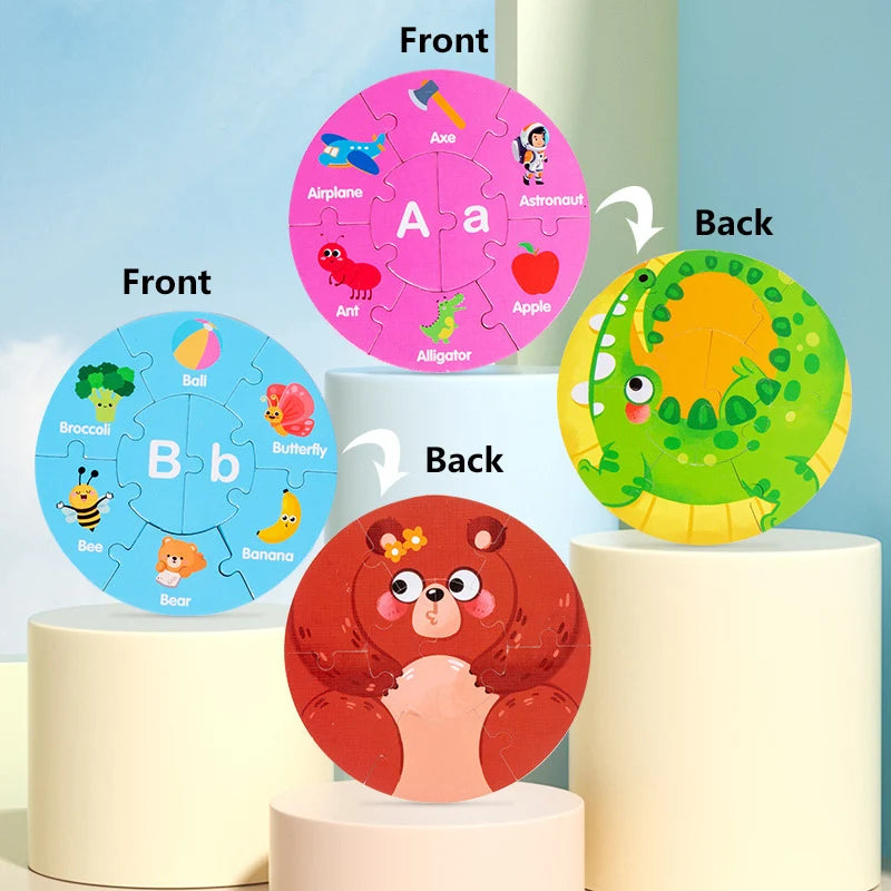 Puzzle Double face 36 pièces pour enfants, Puzzle d'animaux à chiffres de lettres, Puzzle circulaire, apprentissage des lettres anglaises, des chiffres et des mots